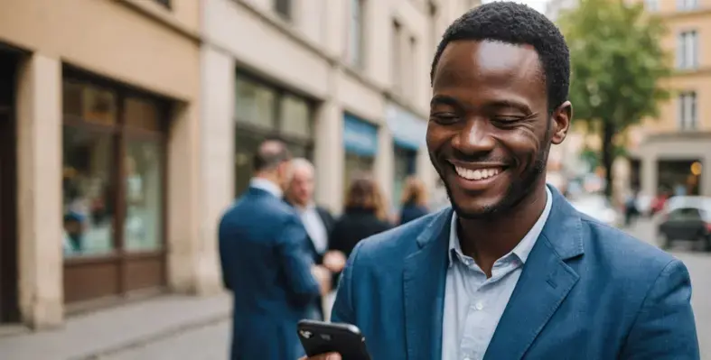 MTN South Africa partners with KnowRoaming to introduce the Travel eSIM, offering cost-effective data roaming across 150+ destinations worldwide. (Image source: Adobe Stock) AI image of an african man texting on his phone